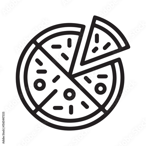 Simple black line art icon of a pizza with one slice removed isolated on white background