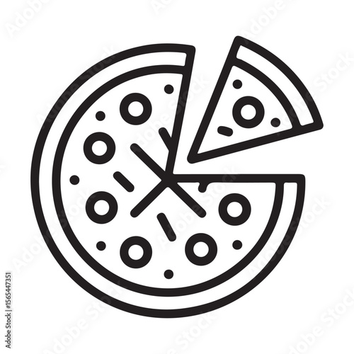 Simple black line art icon of a pizza with one slice removed isolated on white background