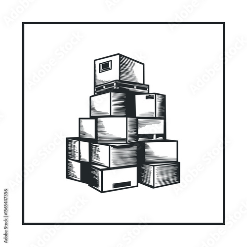 Monochrome sketch of stacked cardboard boxes in geometric arrangement