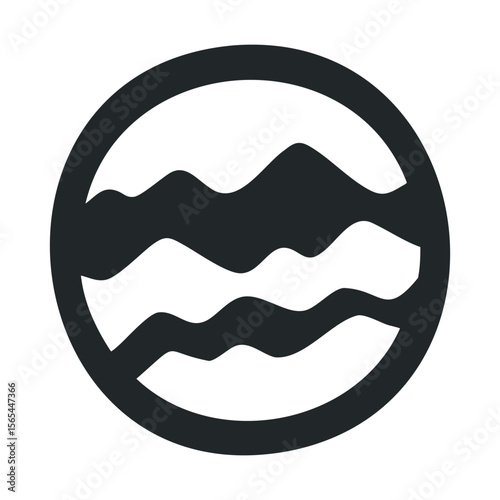 Black and white yin yang circle with wavy lines on white background