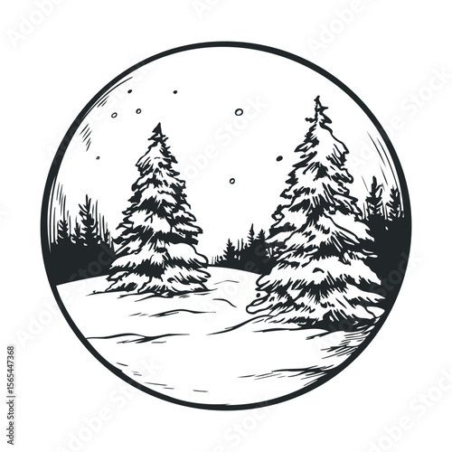 Black and white winter scene with snowy trees in circular frame