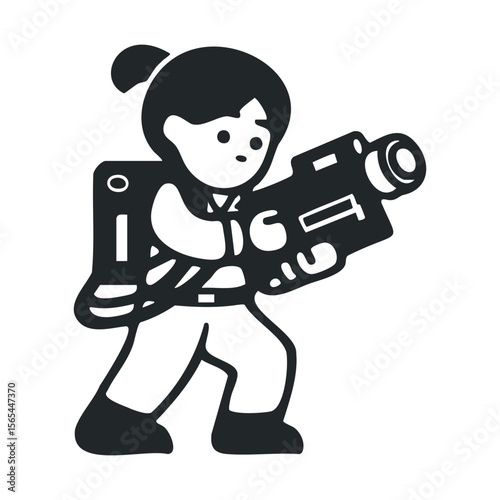 Female ghost hunter icon in black and white with proton pack and blaster