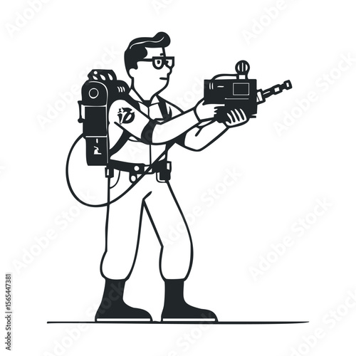 Male cartoon ghostbuster with proton pack and blaster in action