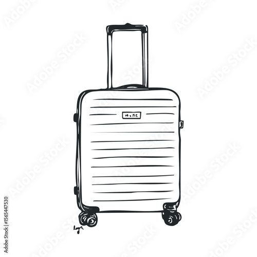 Black and white illustration of a modern rolling suitcase