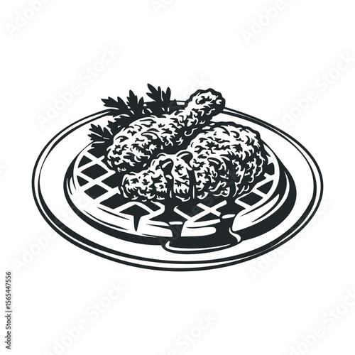 Delicious chicken and waffles illustration with parsley garnish on plate