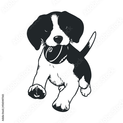 Playful puppy running with ball in mouth - black and white illustration