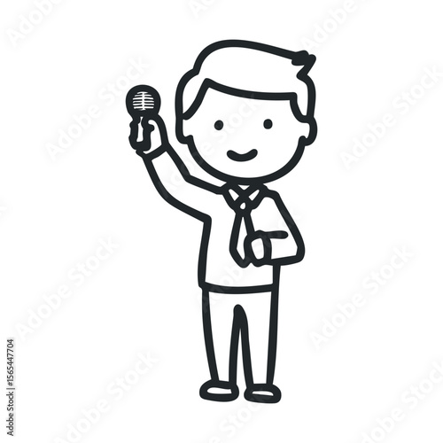 Cartoon drawing of young male presenter holding microphone