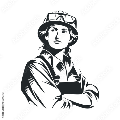 Confident female engineer in hard hat and overalls illustration