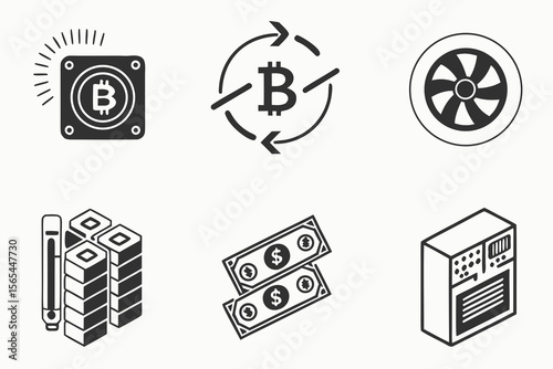Vector art of bitcoin mining related icons isolated on white background