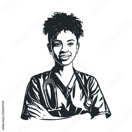 Illustration of african female young nurse with stethoscope, arms crossed