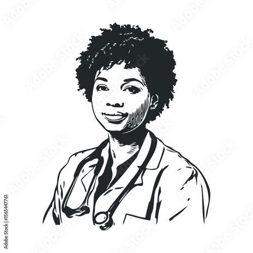 Black and white illustration of african female doctor with stethoscope