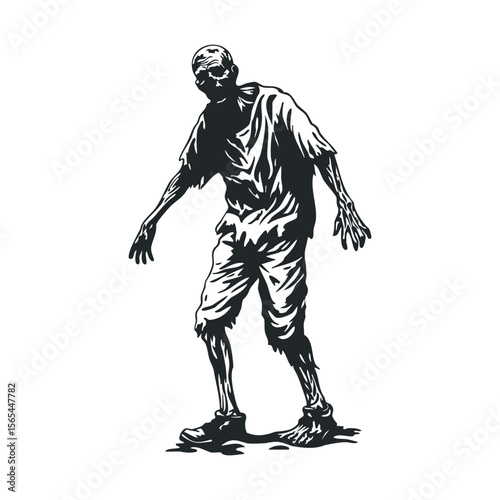 Creepy zombie illustration in black and white stencil art style