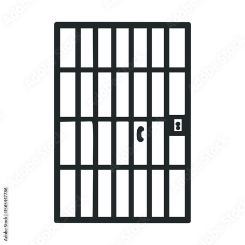 Simple black line drawing of a prison jail cell door with lock and bars