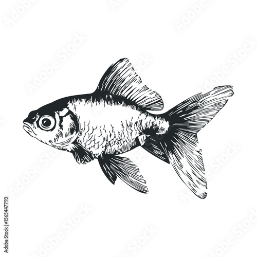 Detailed black and white illustration of a goldfish with flowing fins