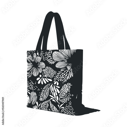 Black and white floral tote bag with bold botanical pattern design