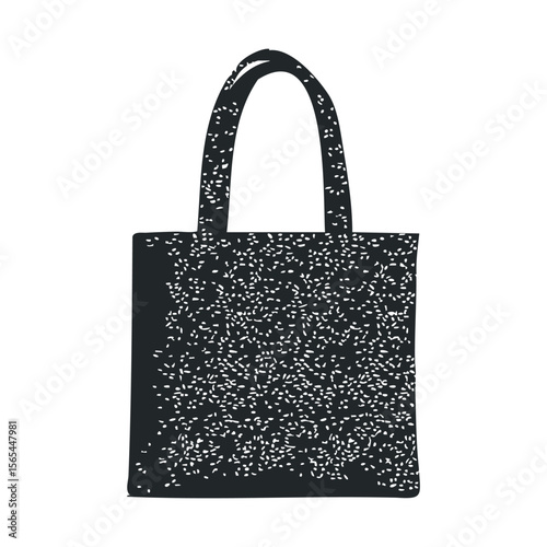 Black tote bag with white speckled design on a simple background