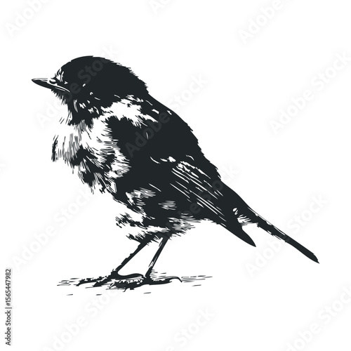 Intricate black and white bird sketch with detailed feather texture