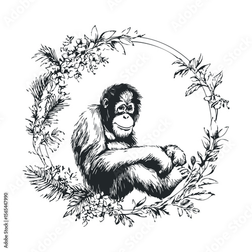 Illustrated baby chimpanzee in floral wreath design