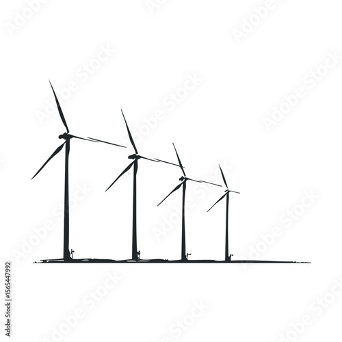 Silhouette of wind turbines with technicians in minimalist landscape