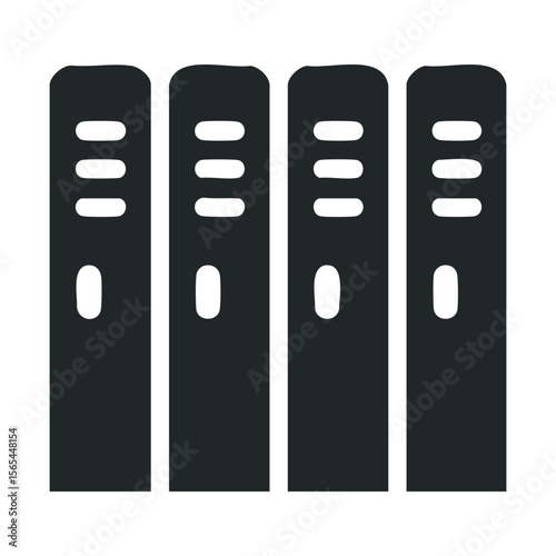 Four black vertical document binders in a row on white background