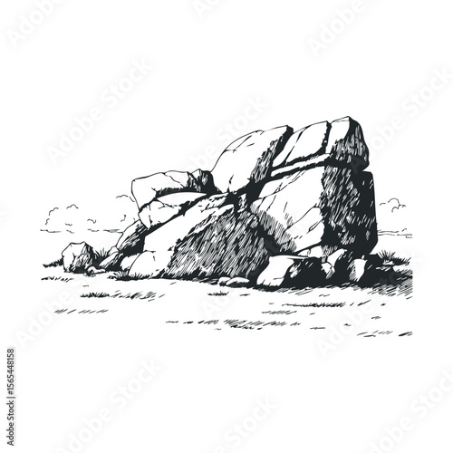 Detailed black and white rock formation sketch on landscape background