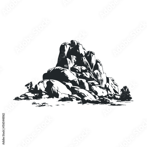 Black and white rocky mountain drawing with sparse vegetation