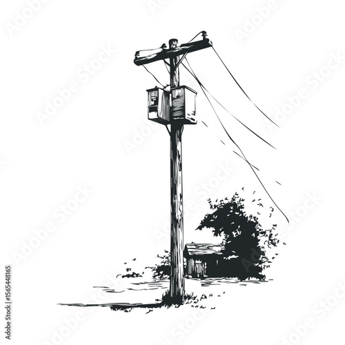 Monochrome illustration of electrical pole and rural landscape