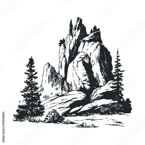 Majestic mountain landscape with pine trees and rocky cliffs in monochrome art