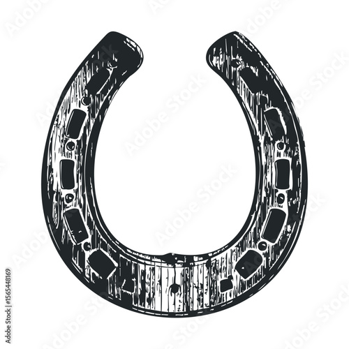 Vintage black and white horseshoe illustration on white background