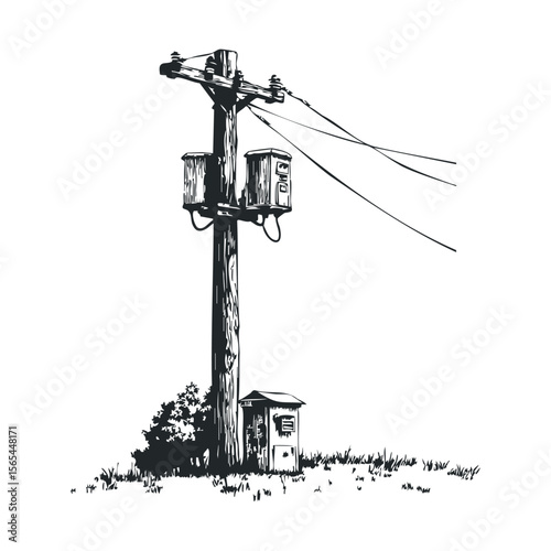 Black and white illustration of a wooden utility pole with electrical boxes and wires