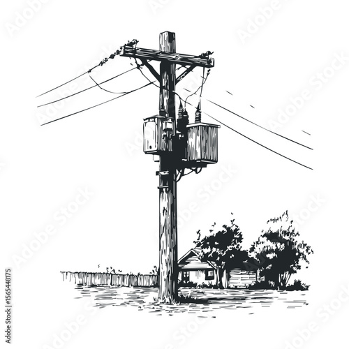 Vintage black and white electricity pole with house and trees