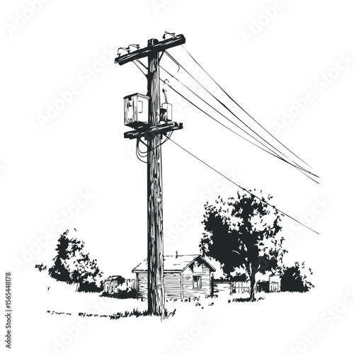 Rustic rural scene with wooden utility pole and small cabin