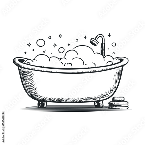 Vintage bathtub with bubbles and soap sketch art