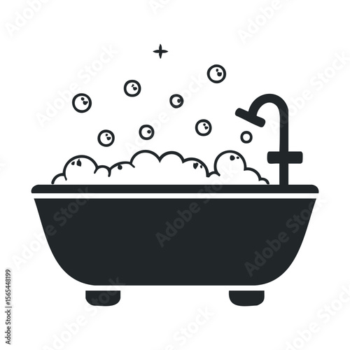 Minimalist black bathtub with bubbles and showerhead icon on white background