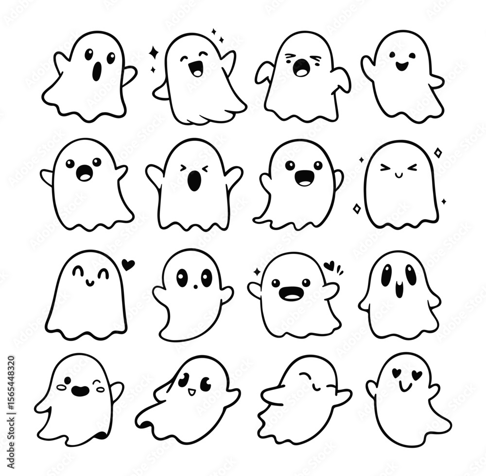 Fototapeta premium Set of Cute Cartoon Ghosts with Different Expressions