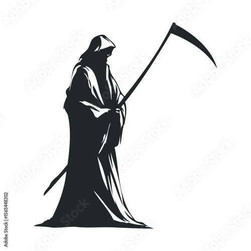 Grim reaper silhouette holding scythe in cloaked robe on white background