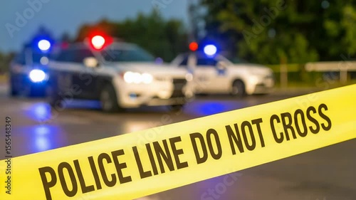 Police line marks a crime scene with police cars and flashing lights indicating investigation and security