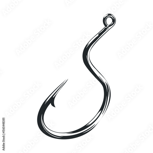 Detailed black and white fishing hook design with sharp point