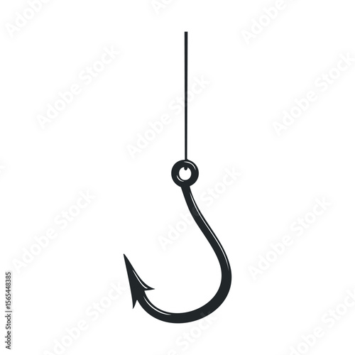 Black fishing hook on white background with sharp pointed barbs