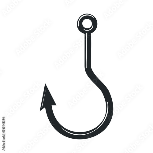 Black and white fishing hook illustration with curved design