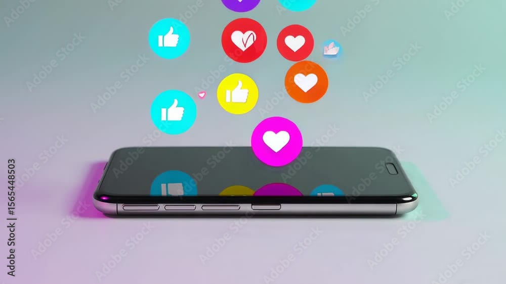 Vibrant like and heart icons dynamically floating above sleek smartphone screen, representing digital social media engagement and online interaction through animated notification graphics Vibrant like and heart icons dynamically floating above sleek smartphone screen, representing digital social media engagement and online interaction through animated notification graphics
