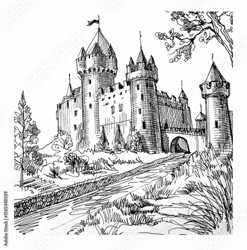 Hand-drawn sketch of a medieval castle with towers and a waterway in a scenic landscape