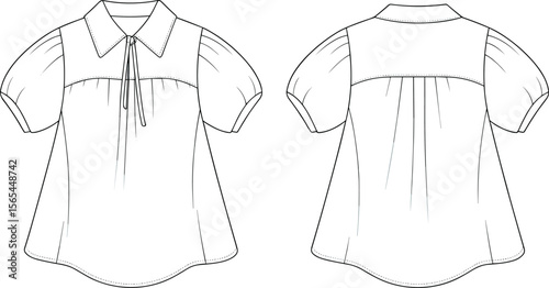Women’s puff sleeve blouse with shirt collar and front bow tie, vector flat fashion sketch showing front and back technical views of the garment.