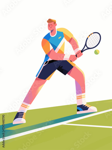 Tennis vector illustration, flat hand-drawn graphic design, athletes are playing tennis, living a happy, healthy life