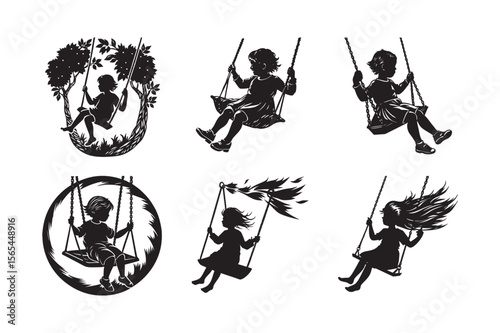 silhouette boy and girl on swing set bundle on the white background