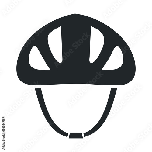 Black bicycle helmet icon with chin straps on white background