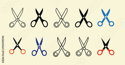 Collection of Scissors Icons Black, White, and Color Variations for Design Projects - Versatile and High-Resolution Vector Graphics for Various Applications