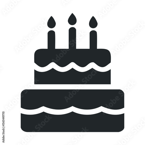 Simple birthday cake icon with candles in black and white silhouette