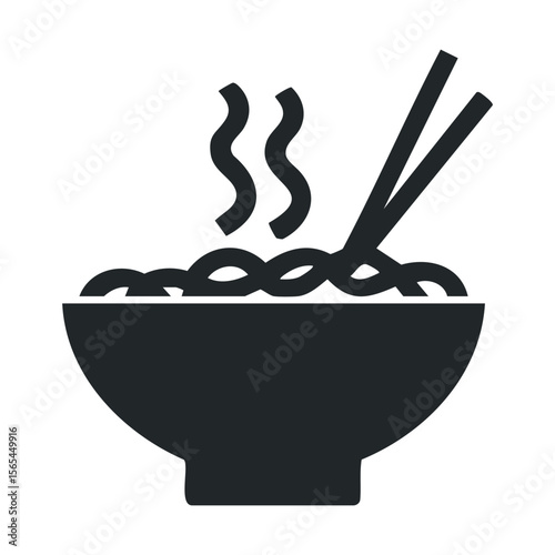 Steaming noodle bowl with chopsticks icon in black and white