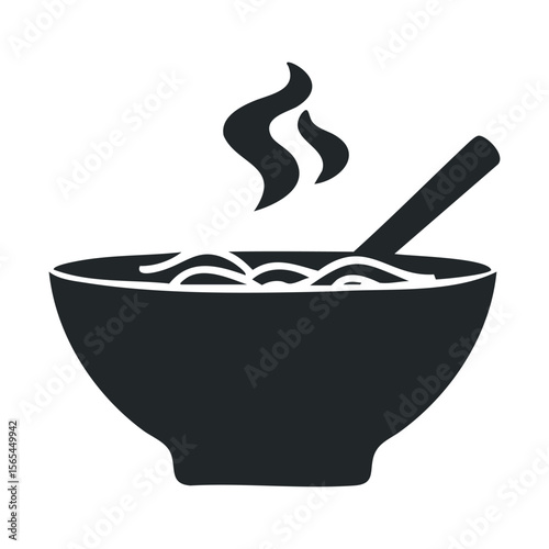 Steaming hot noodles in black bowl with spoon silhouette